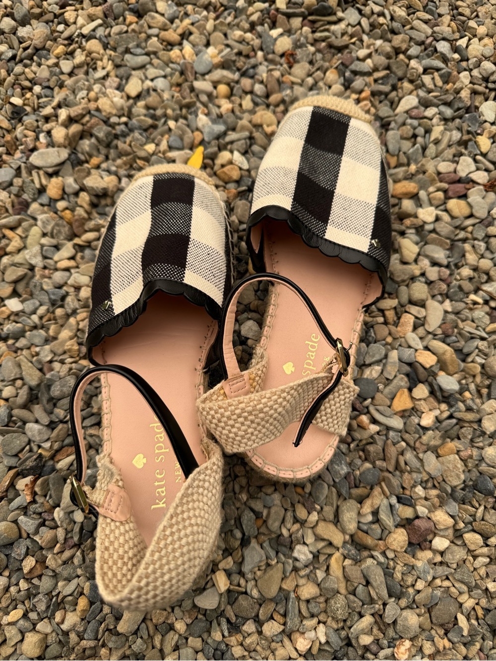 kate spade Black and Cream Plaid Scalloped Slingback Espadrilles